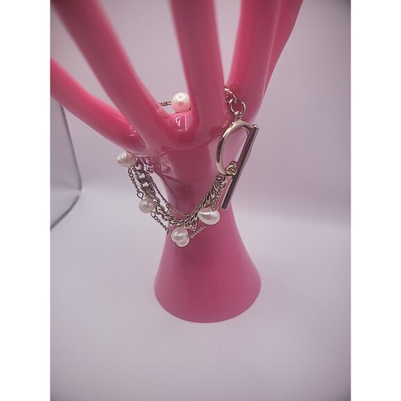 Vintage Bracelet Multi Strand Silver Tone Imitation Pearl Crystals Jewelry - Picture 4 of 11